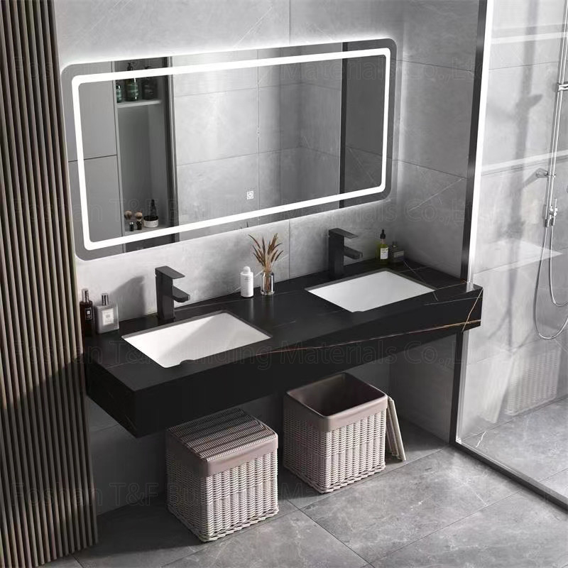 A vaidade de mármore moderna do banheiro do hotel aglomerou o armário de pedra Smart do dissipador da bacia conduziu o espelho
