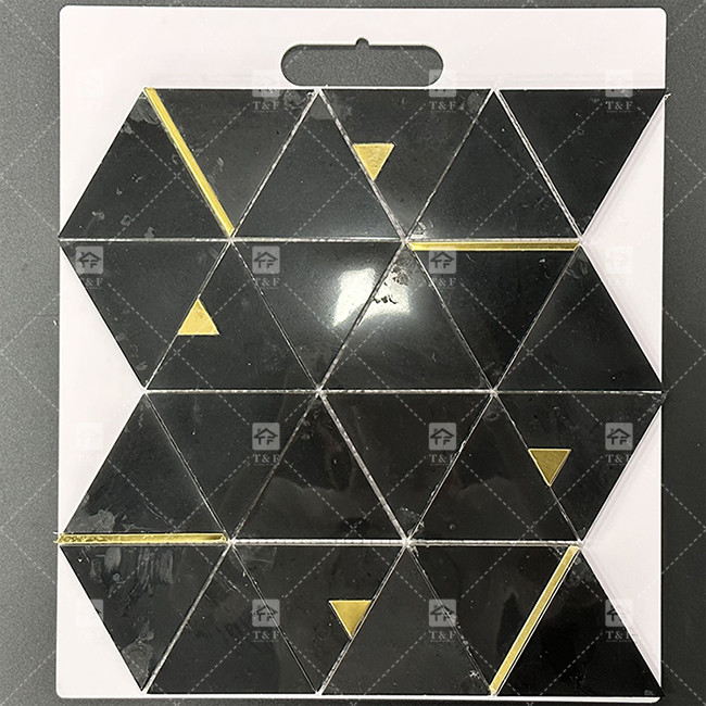Triângulo de pedra de mármore azulejos de mosaico de luxo com aço inoxidável azulejos de metal mosaico backsplash banheiro