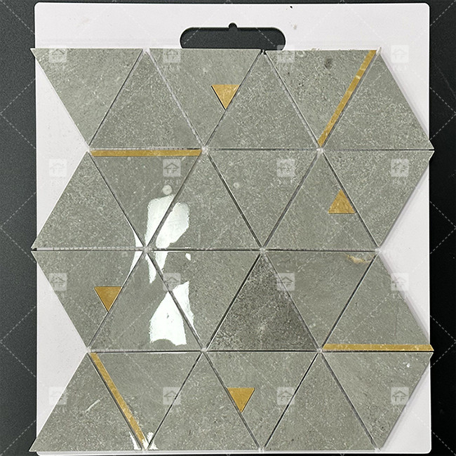 Triângulo de pedra de mármore azulejos de mosaico de luxo com aço inoxidável azulejos de metal mosaico backsplash banheiro