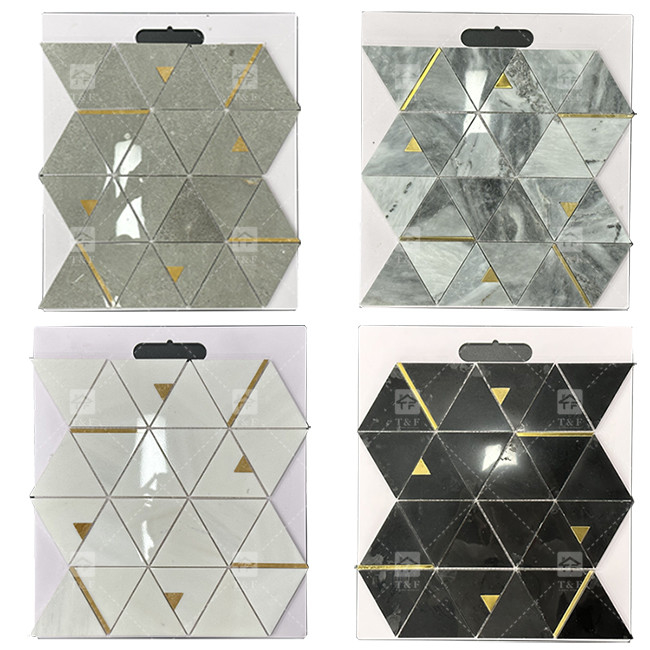 Triângulo de pedra de mármore azulejos de mosaico de luxo com aço inoxidável azulejos de metal mosaico backsplash banheiro