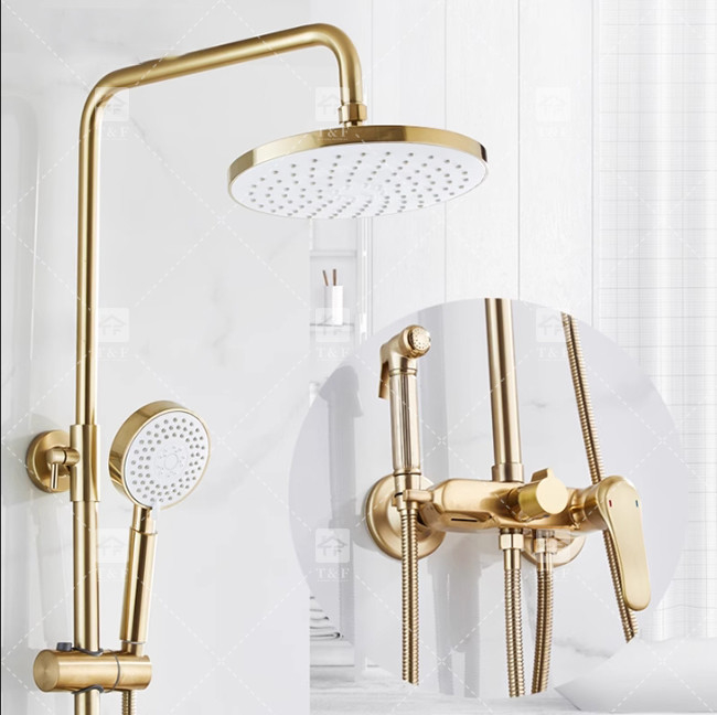 Nordic Light Luxury Shower Set Casa torneira de latão escovado ouro quente e frio pressurizado bocal