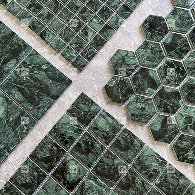 Chapas de mosaico de pedra de mármore de cor verde para piso e parede do banheiro