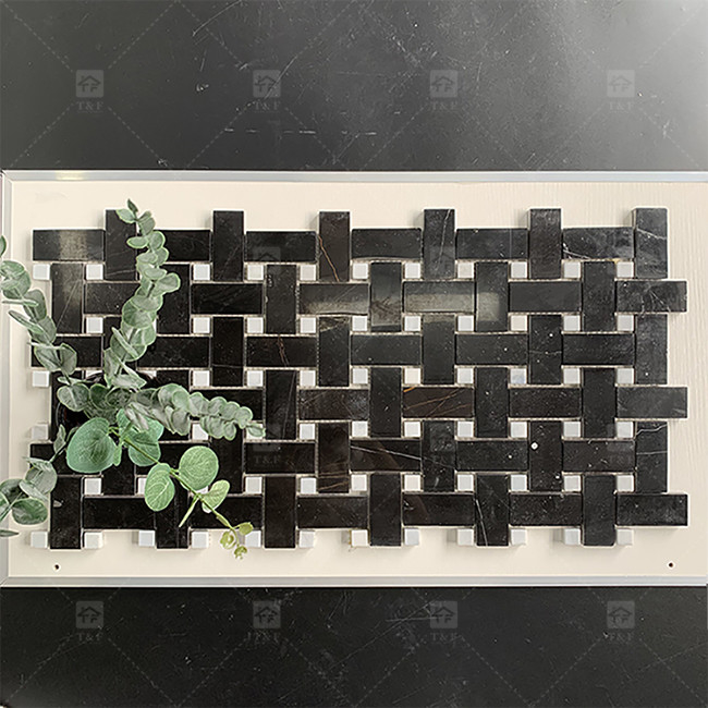 Quadrado de pedra de mármore preto e branco mosaico 8mm Decoração de parede