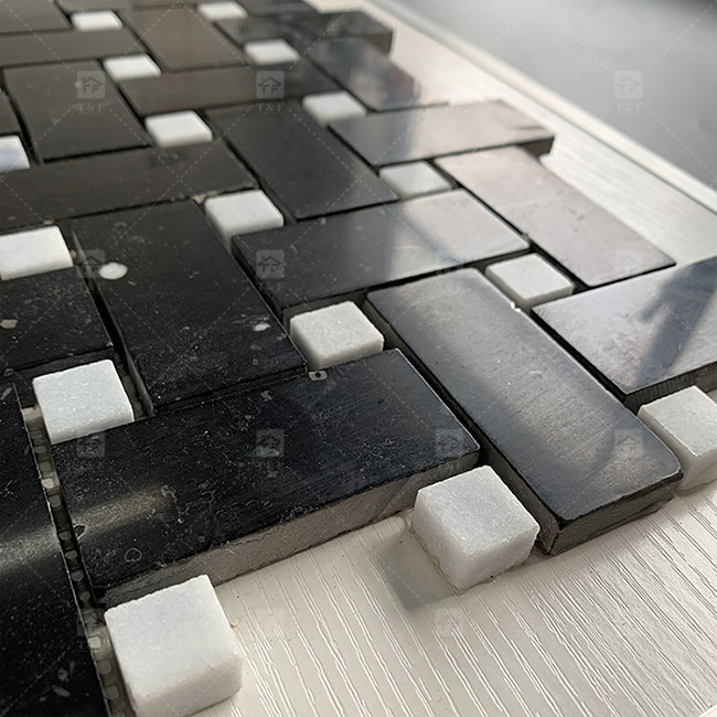 Quadrado de pedra de mármore preto e branco mosaico 8mm Decoração de parede