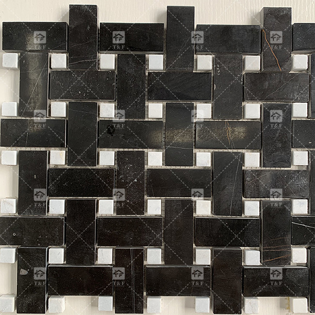 Quadrado de pedra de mármore preto e branco mosaico 8mm Decoração de parede